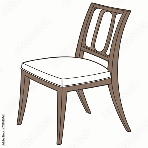 Brown wooden chair with backrest and soft beige seat. Furniture for dining room. Flat vector design