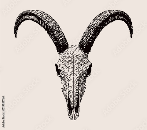 Pixel goat skull with long curved horns. Perfect for gothic art, apparel graphics, western branding, and boho decor.