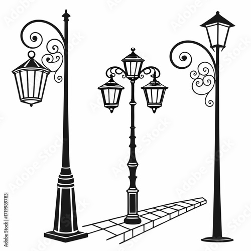 street light lamps and spotlights flat and line icon set. Old and modern street lamp black silhouette city vintage glowing in darkness road in dusk vector collection isolated on transparent background