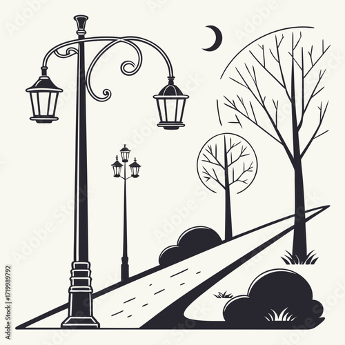 street light lamps and spotlights flat and line icon set. Old and modern street lamp black silhouette city vintage glowing in darkness road in dusk vector collection isolated on transparent background