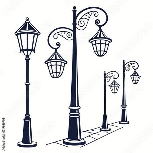 street light lamps and spotlights flat and line icon set. Old and modern street lamp black silhouette city vintage glowing in darkness road in dusk vector collection isolated on transparent background