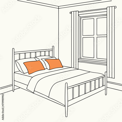 The image shows a minimalist bedroom interior. The focal point is a neatly made bed with a light-colored duvet and two orange square pillows. The bed has a light orange-brown wooden frame. The