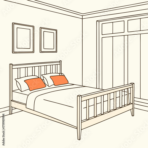 The image shows a minimalist bedroom interior. The focal point is a neatly made bed with a light-colored duvet and two orange square pillows. The bed has a light orange-brown wooden frame. The