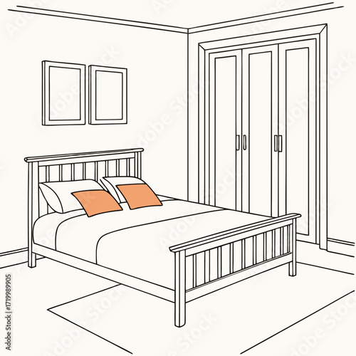 The image shows a minimalist bedroom interior. The focal point is a neatly made bed with a light-colored duvet and two orange square pillows. The bed has a light orange-brown wooden frame. The