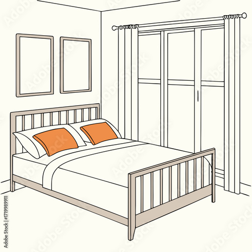 The image shows a minimalist bedroom interior. The focal point is a neatly made bed with a light-colored duvet and two orange square pillows. The bed has a light orange-brown wooden frame. The