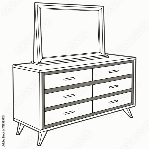 Classic wooden dresser with mirror in flat design, home decor