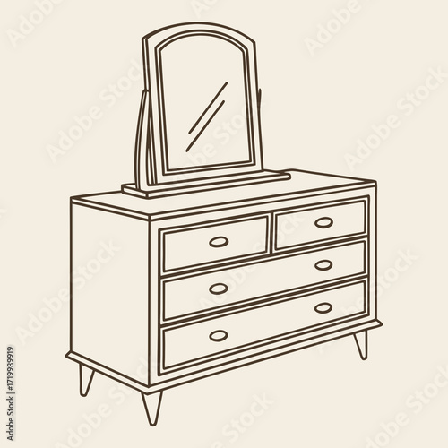 Classic wooden dresser with mirror in flat design, home decor