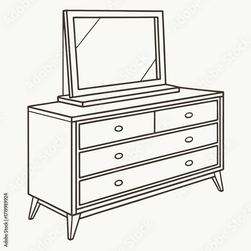 Classic wooden dresser with mirror in flat design, home decor