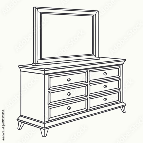 Classic wooden dresser with mirror in flat design, home decor