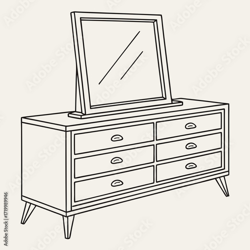 Classic wooden dresser with mirror in flat design, home decor