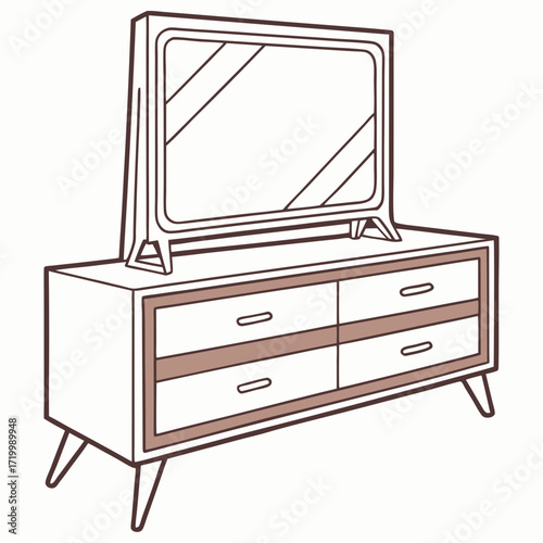 Classic wooden dresser with mirror in flat design, home decor