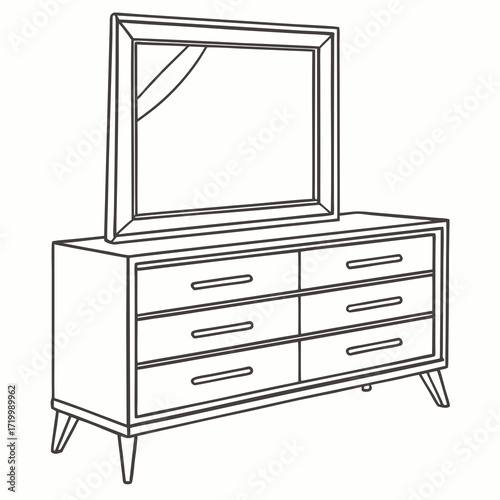 Classic wooden dresser with mirror in flat design, home decor