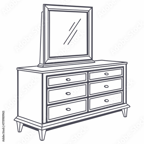 Classic wooden dresser with mirror in flat design, home decor