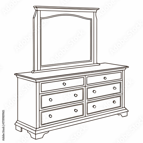 Classic wooden dresser with mirror in flat design, home decor