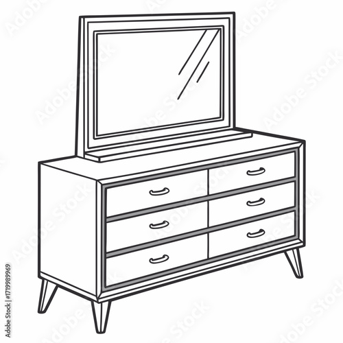 Classic wooden dresser with mirror in flat design, home decor