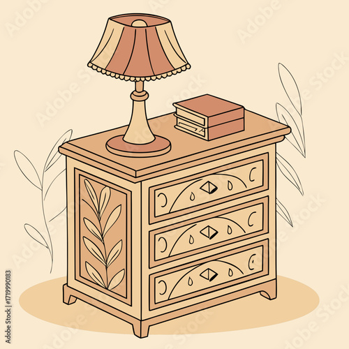 A beautifully illustrated wooden nightstand with a warm-toned lamp and a small book, set against a soft cream background.