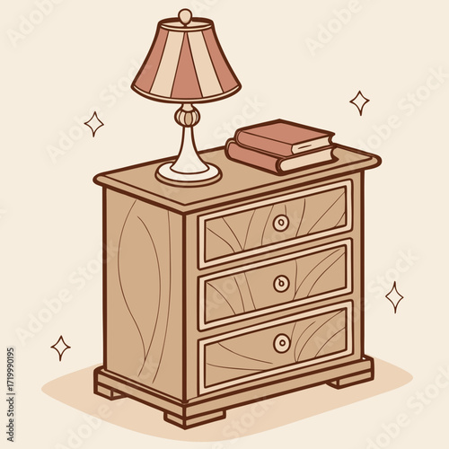 A beautifully illustrated wooden nightstand with a warm-toned lamp and a small book, set against a soft cream background.