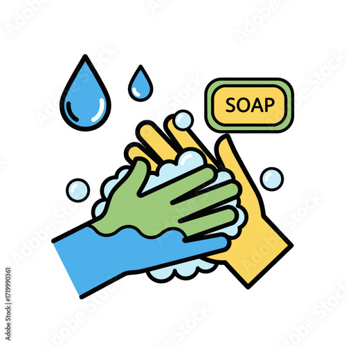 Cartoon illustration of hands being washed with soap and water, showing hygiene and cleanliness.