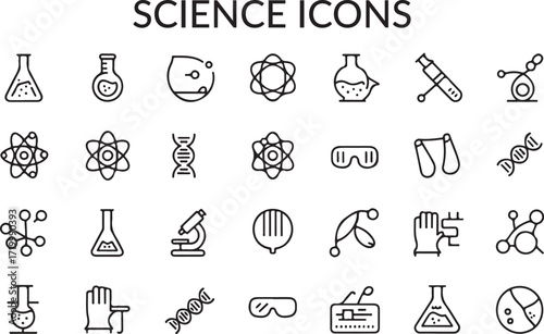 Chemistry, Laboratory Safety line icon set. Vector pictograms of scientific research, chemical experiments, lab equipment, molecule science, microscope, chemist thin linear illustration