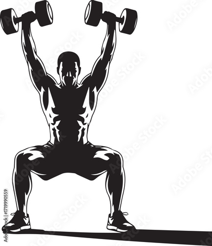 Muscular fitness athlete silhouette performing dumbbell squats strength training workout