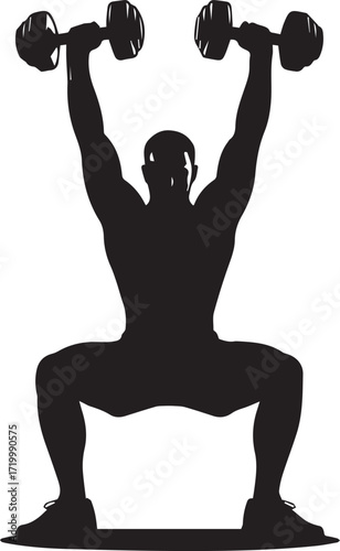Muscular fitness athlete silhouette performing overhead dumbbell press squat exercise strength training concept