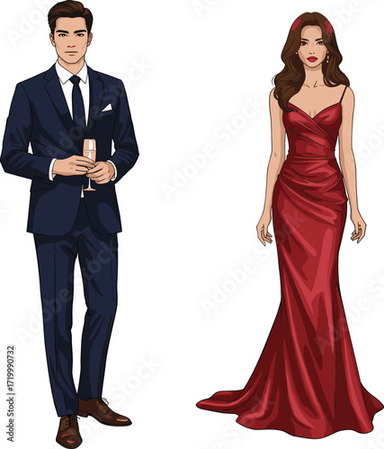 Elegant man in tuxedo and glamorous woman in red dress posing together, perfect couple fashion illustration for luxury events.