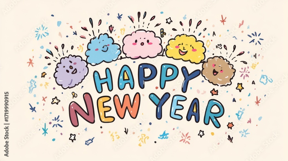 Obraz premium Cute cartoon doodle design with smiling fireworks characters around 