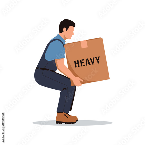 Man demonstrating proper heavy lifting technique with a large cardboard box, emphasizing safety and ergonomics.