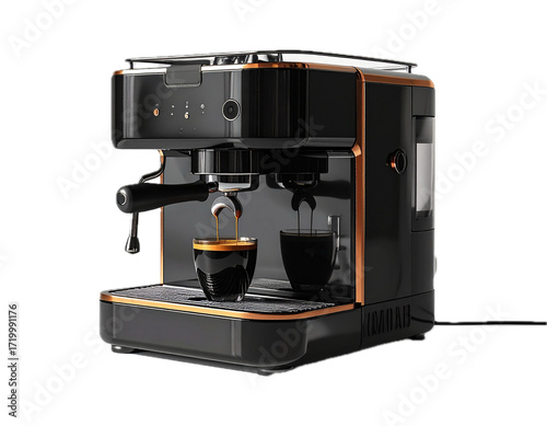 Сoffee machine, black finish, sleek design, white background