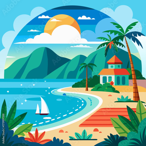 Vector illustration summer landscape with palm trees and sea