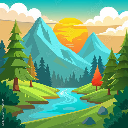 Vector landscape with mountains and trees