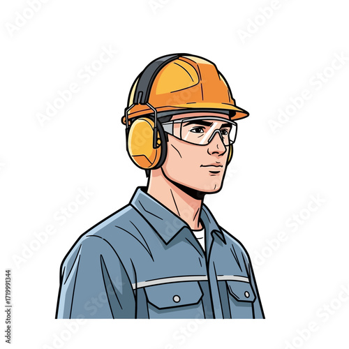 An industrial worker wearing a hard hat, safety glasses, and ear protection for workplace safety.