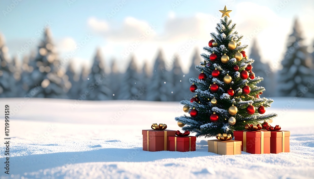 Obraz premium Festive outdoor scene featuring a decorated Christmas tree with gifts in a snowy landscape, illuminated by sunlight and backed by forest