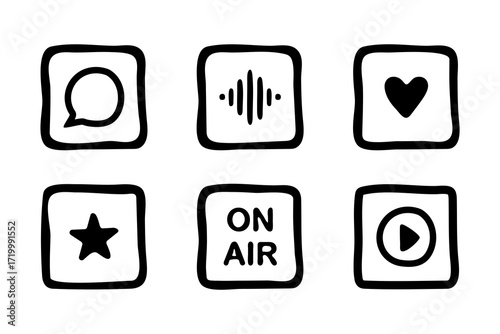 Podcast doodle icons set in hand drawn style. Includes on air sign, soundwave, record button, play symbol, heart, star, like, equalizer, speech bubble. Vector illustration for radio, podcast, music