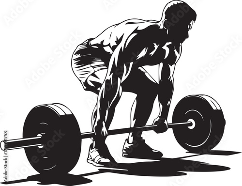 Muscular male fitness athlete silhouette performing a heavy deadlift in a gym setting