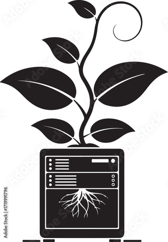 Vector art of a plant growing out of a server rack symbolizes the growth and development of technology, with roots representing the foundation and connection, on