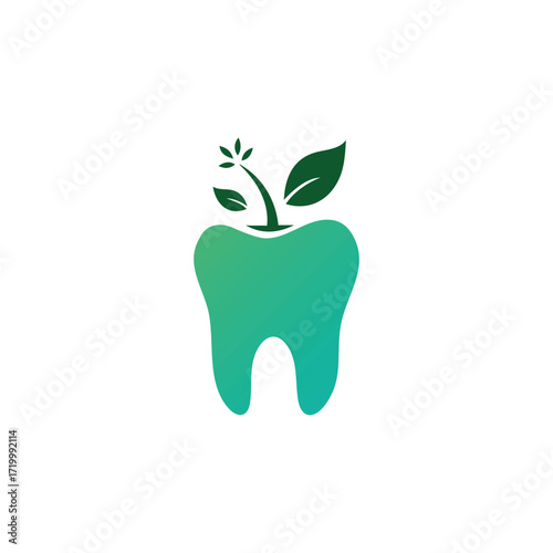 Tooth logo with leaves and flower sprout, eco dental care vector design