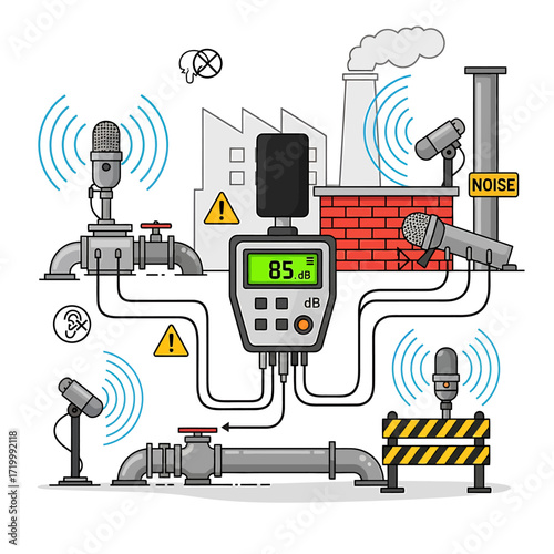 Industrial noise monitoring system with microphones and a central display unit measuring decibel levels.