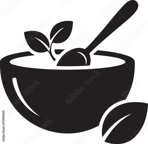 Vector art of minimalist bowl with spoon and leaves, , representing healthy eating and natural ingredients, ideal for food blogs, wellness brands, and organic product promotions on