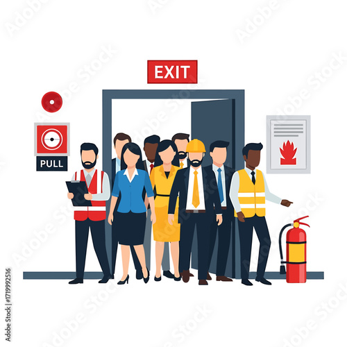 A diverse group of people, including workers and professionals, evacuating through an exit door during a fire drill or emergency.