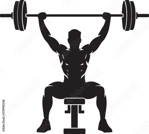 Muscular fitness athlete silhouette lifting weights on bench press powerful bodybuilding pose