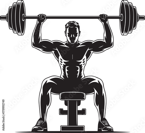 Fitness athlete silhouette performing bench press with heavy weights for strength training