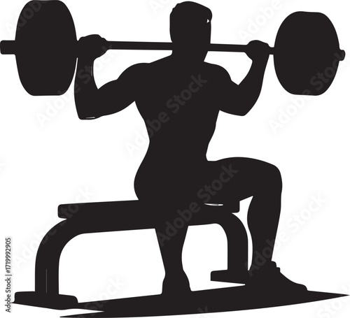 Silhouette of a fit athlete performing a seated barbell squat for intense strength training