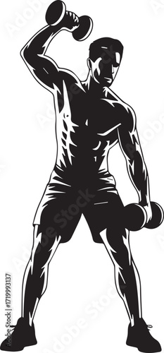 Muscular fitness athlete silhouette holding dumbbells performing strength training exercise