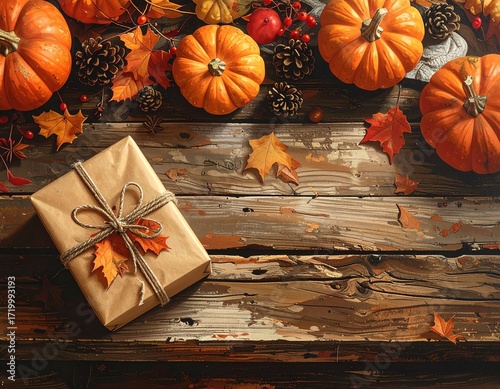 Autumn pumpkins and gift on rustic wooden table