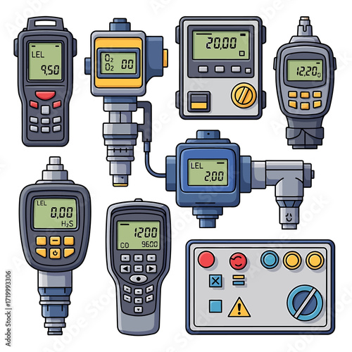 Collection of various measuring and control devices, including digital displays, gauges, and buttons.