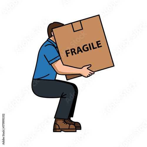 A man in a blue shirt carefully lifts a heavy fragile box.