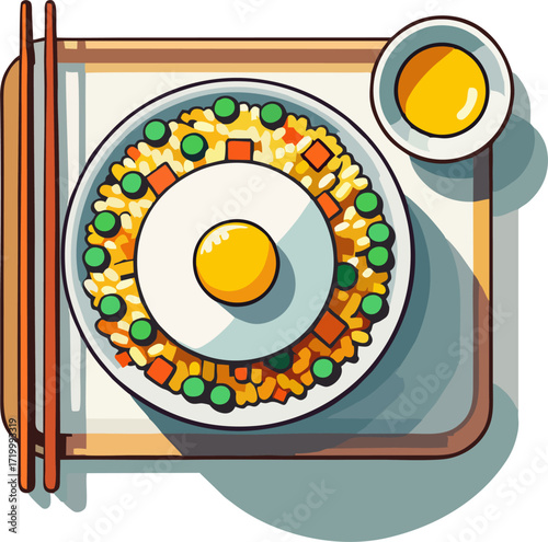 Minimalist Fried Rice Plate with Egg, Chopsticks, and Sauce Cup Vector – Japanese Food Top View