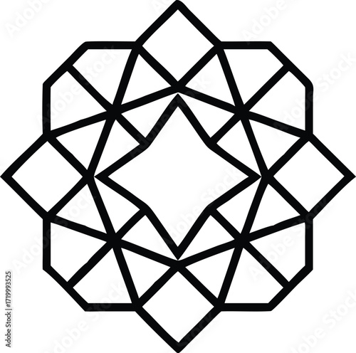 Intricate geometric mandala design with sharp angular patterns and vibrant color accents perfect for decorative and artistic applications
