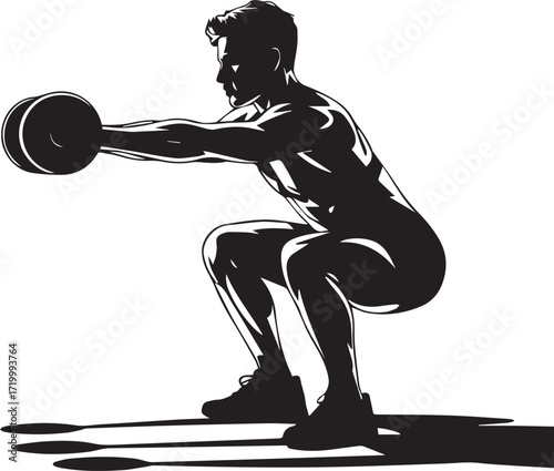 Fitness athlete silhouette performing squat exercise with weight for strength training and bodybuilding